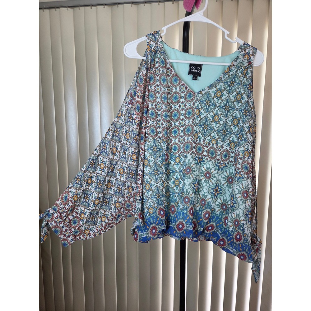 Coco Bianco Bohemian Cold Shoulder Blouse Abstract Art Wrist Tie Blue Large